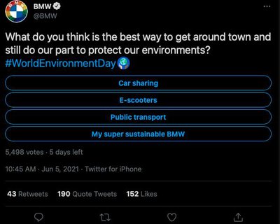 Опрос BMW, какой транспорт самый экологически чистый, не включает в число вариантов велосипед